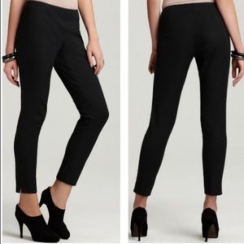 Theory Belisa BiStretch Black Trouser Pants 4 Ankle Side Zip Pleated Split Hem